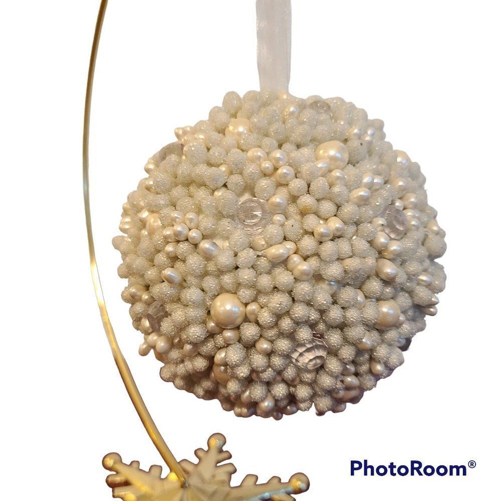 Faux Pearl Ornament Crystal Shimmer Bead Encrusted Oversize With Tulle Ribbon
